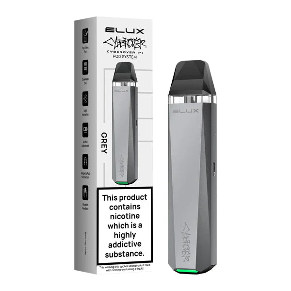 Elux Cyberover P1 refillable vape kit in Cool Grey, featuring a modern sleek design with refillable pods, adjustable airflow, rechargeable USB-C battery, and durable construction for a customizable vaping experience