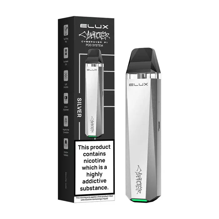 Elux Cyberover P1 refillable vape kit in Silver, featuring a modern sleek design with refillable pods, adjustable airflow, rechargeable USB-C battery, and durable construction for a customizable vaping experience