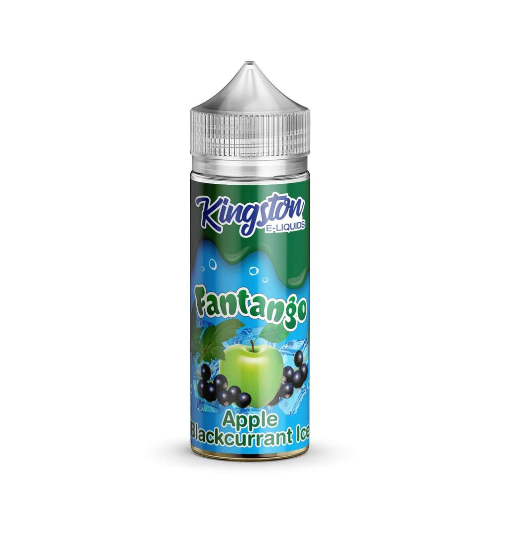 A bottle of Fantango Apple & Blackcurrant Kingston 100ml Nicotine Free 0mg E Liquid VAPE Juice with a label showing an apple and blackcurrants.