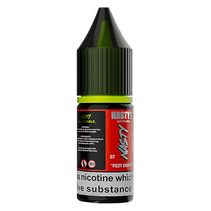 Nasty Liq Fizzy Cherry Nic Salt Vape Juice – 10 ml slim bottle featuring a tangy cherryade flavor with sparkling soda notes, smooth nicotine salts (10 mg & 20 mg), and a balanced 50/50 VG/PG base for discreet MTL vaping