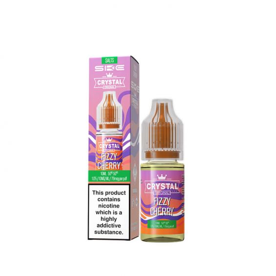 A 10ml bottle of SKE Crystal Nic Salt E Liquid with a label indicating the flavor is Fizzy Cherry. The packaging is predominantly purple and has images of cherries and a fizzy drink.