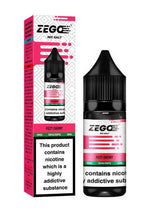 Load image into Gallery viewer, Bottle of Fizzy Cherry Zego Nic Salt e-liquid featuring vibrant red and bubbly fuchsia packaging with stylized cherry cartoon graphics and fizzy soda bubble motifs, with prominent ‘Fizzy Cherry’ flavor labeling and nicotine strength options (e.g. 10 mg or 20 mg), designed for 50/50 VG/PG nicotine salt vape devices.