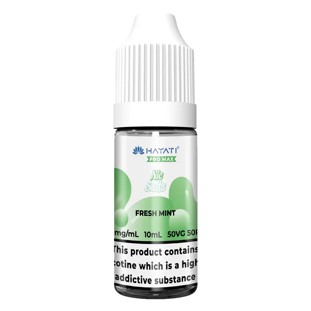 Bottle of Fresh Mint from Hayati Pro Max Nic Salts featuring bold Hayati branding and flavour name prominently displayed—designed for mouth‑to‑lung nicotine salt vape devices.