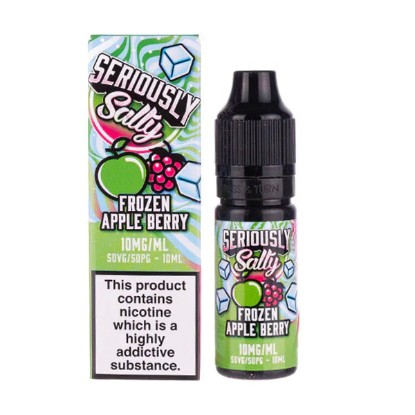 A 10ml bottle of Seriously Salty Frozen Apple Berry Nic Salt E-Liquid, featuring a label with green apples and mixed berries and a menthol leaf symbol, indicating a nicotine strength of 20mg.