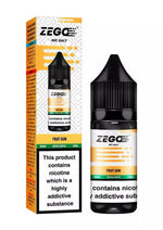 Load image into Gallery viewer, This image displays a product packaging for Zego Nic Salt E-Liquid, specifically in the "Fruit Gum" flavor. The packaging includes both a box and a bottle of the e-liquid, which is available in nicotine strengths of 10mg and 20mg.