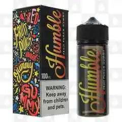 100ml shortfill bottle of Humble Juice E-Liquid in Fruit Punch Gummy flavor, 80/20 VG/PG ratio for rich flavor and massive clouds, nicotine-free with space for nic shots, perfect for sub-ohm vaping.