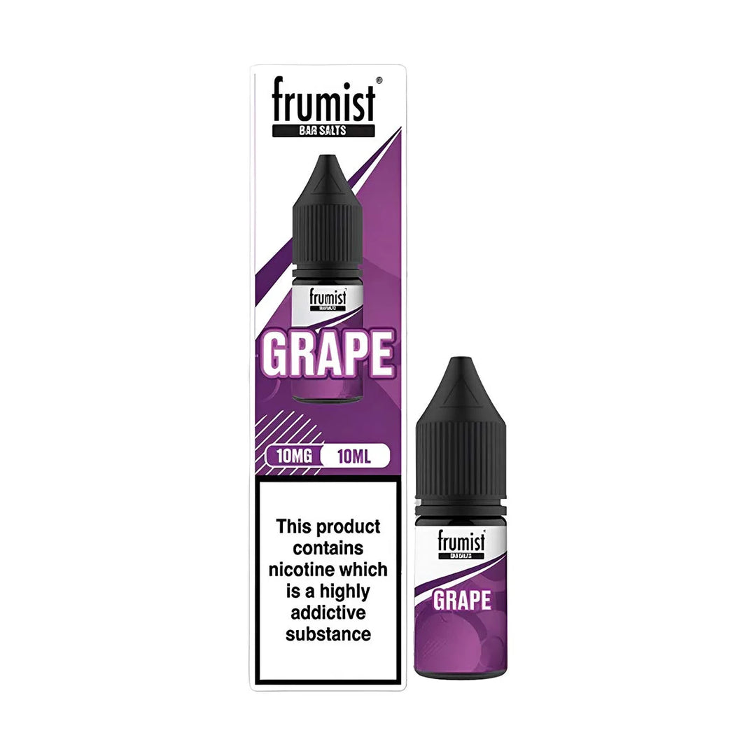 Frumist Nic Salt E-Liquid Grape – 10ml bottle, 50/50 VG/PG blend, available in 10mg or 20mg nicotine strength.