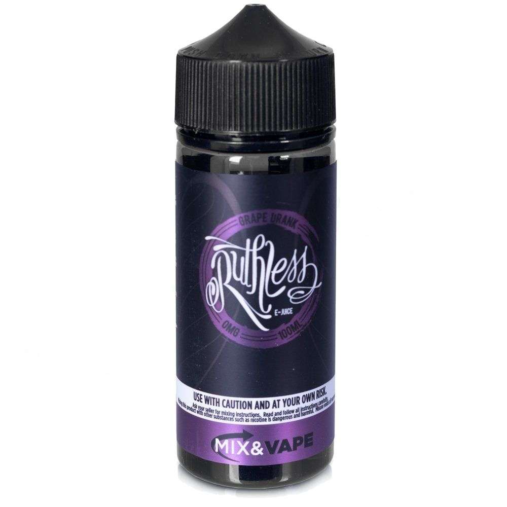 A 100ml bottle of Ruthless brand Grape Drank e-liquid with a black cap. The label is predominantly purple with white and purple text, featuring the product name and flavor.