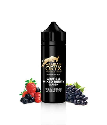 A 100ml bottle of ARABIAN ORYX Grape & Mixed Berry Slush E Liquid, with an image of assorted berries next to the bottle.