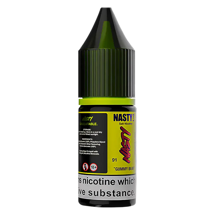 A 30ml bottle of Nasty Liq Gummy Bear Nic Salt Vape Juice, packaging with bold branding and flavor label, designed for use in nicotine salt vape device.