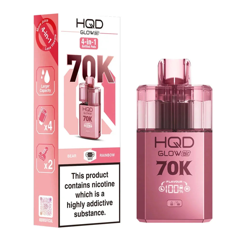 HQD Glow Air 70K 4-in-1 Rechargeable Prefilled Pod Kit in Bear & Rainbow – 20mg nicotine strength disposable-style vape with multiple flavors.