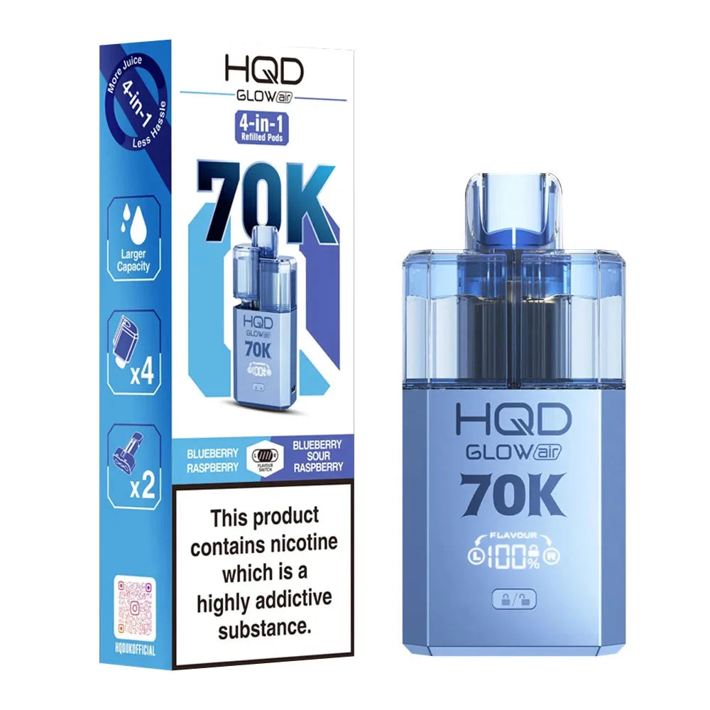 HQD Glow Air 70K 4-in-1 Rechargeable Prefilled Pod Kit in Blueberry Raspberry & Blueberry Sour Raspberry – 20mg nicotine strength disposable-style vape with multiple flavors.