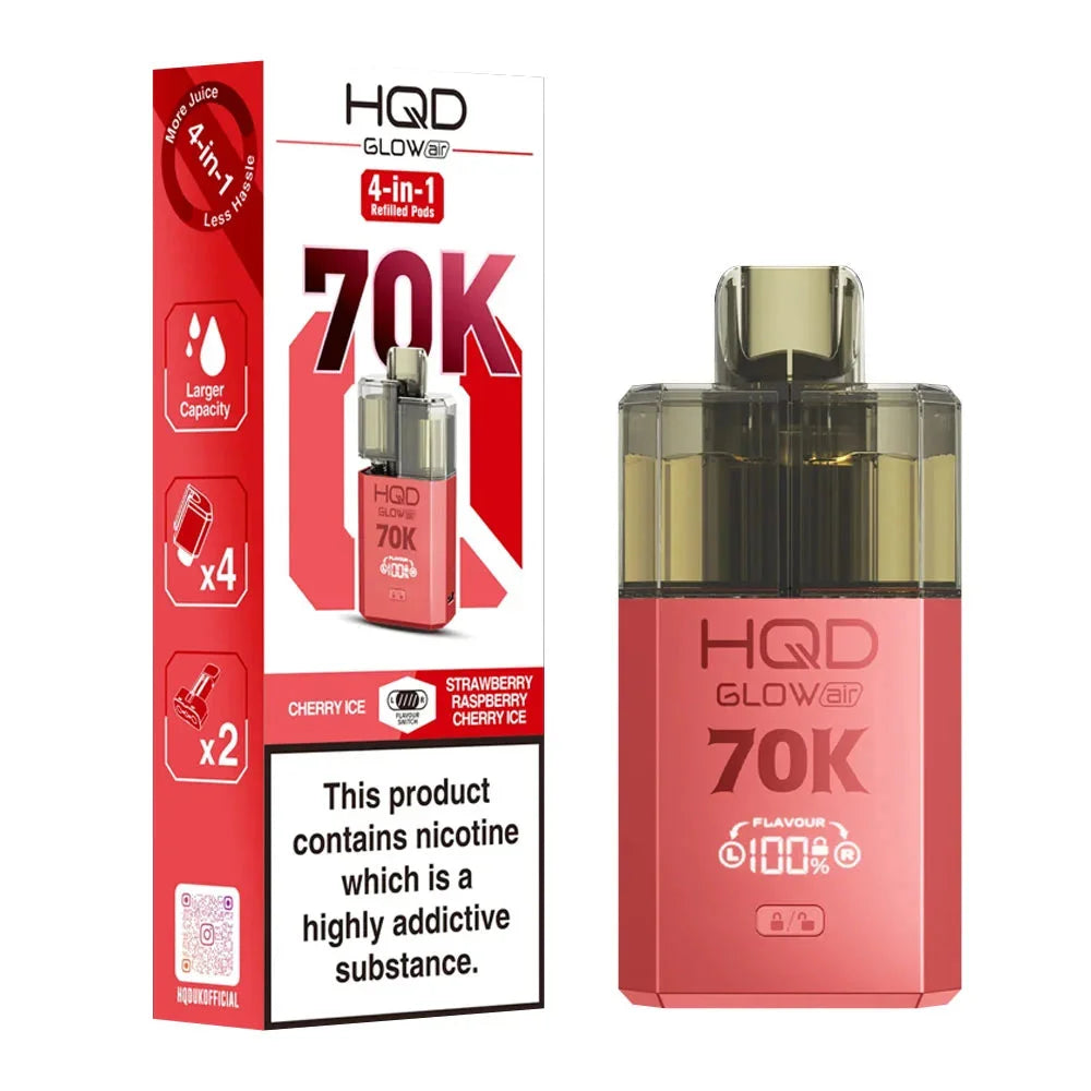 HQD Glow Air 70K 4-in-1 Rechargeable Prefilled Pod Kit in Cherry Ice & Strawberry Raspberry Cherry Ice – 20mg nicotine strength disposable-style vape with multiple flavors.