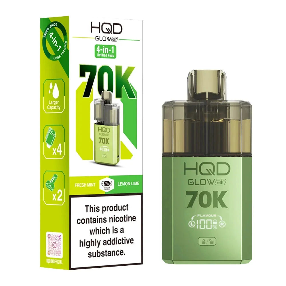 HQD Glow Air 70K 4-in-1 Rechargeable Prefilled Pod Kit in Fresh Mint & Lemon Lime – 20mg nicotine strength disposable-style vape with multiple flavors.