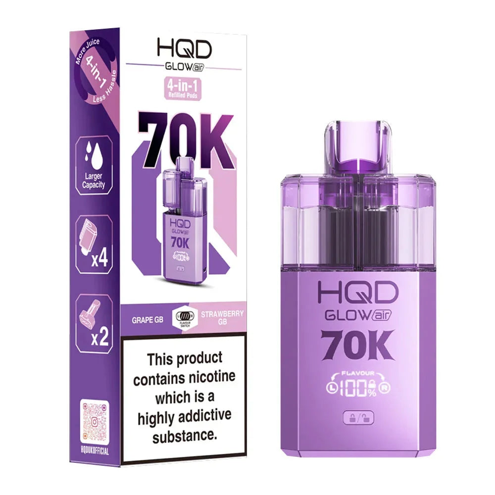 HQD Glow Air 70K 4-in-1 Rechargeable Prefilled Pod Kit in Grape GB & Strawberry GB – 20mg nicotine strength disposable-style vape with multiple flavors.