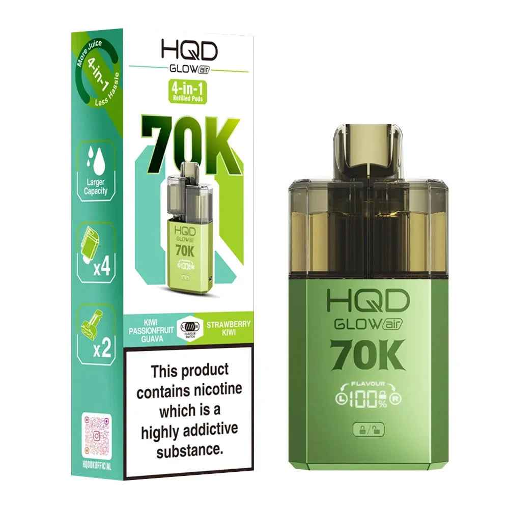 HQD Glow Air 70K 4-in-1 Rechargeable Prefilled Pod Kit in Kiwi Passionfruit Guava & Strawberry Kiwi – 20mg nicotine strength disposable-style vape with multiple flavors.