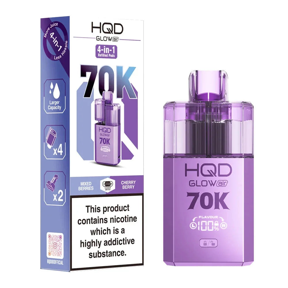 HQD Glow Air 70K 4-in-1 Rechargeable Prefilled Pod Kit in Mixed Berries & Cherry Berry – 20mg nicotine strength disposable-style vape with multiple flavors.