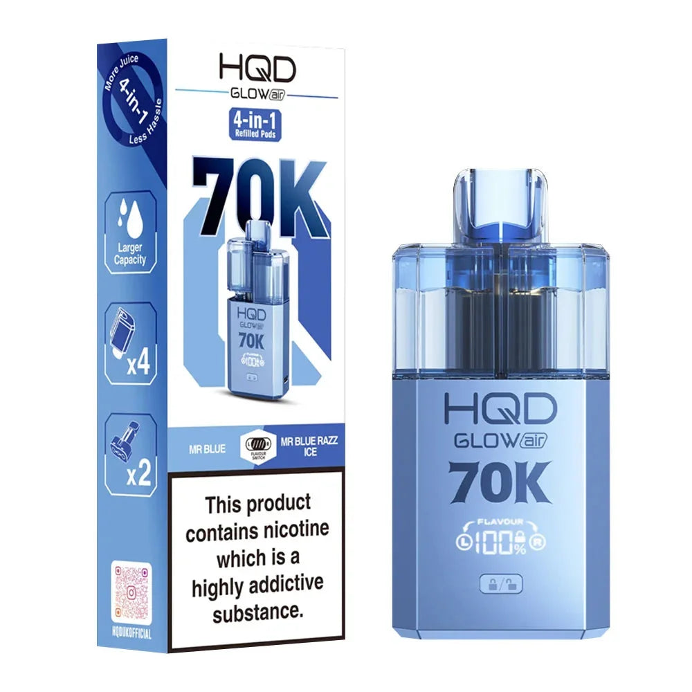 HQD Glow Air 70K 4-in-1 Rechargeable Prefilled Pod Kit in Mr Blue & Mr Blue Razz Ice – 20mg nicotine strength disposable-style vape with multiple flavors.