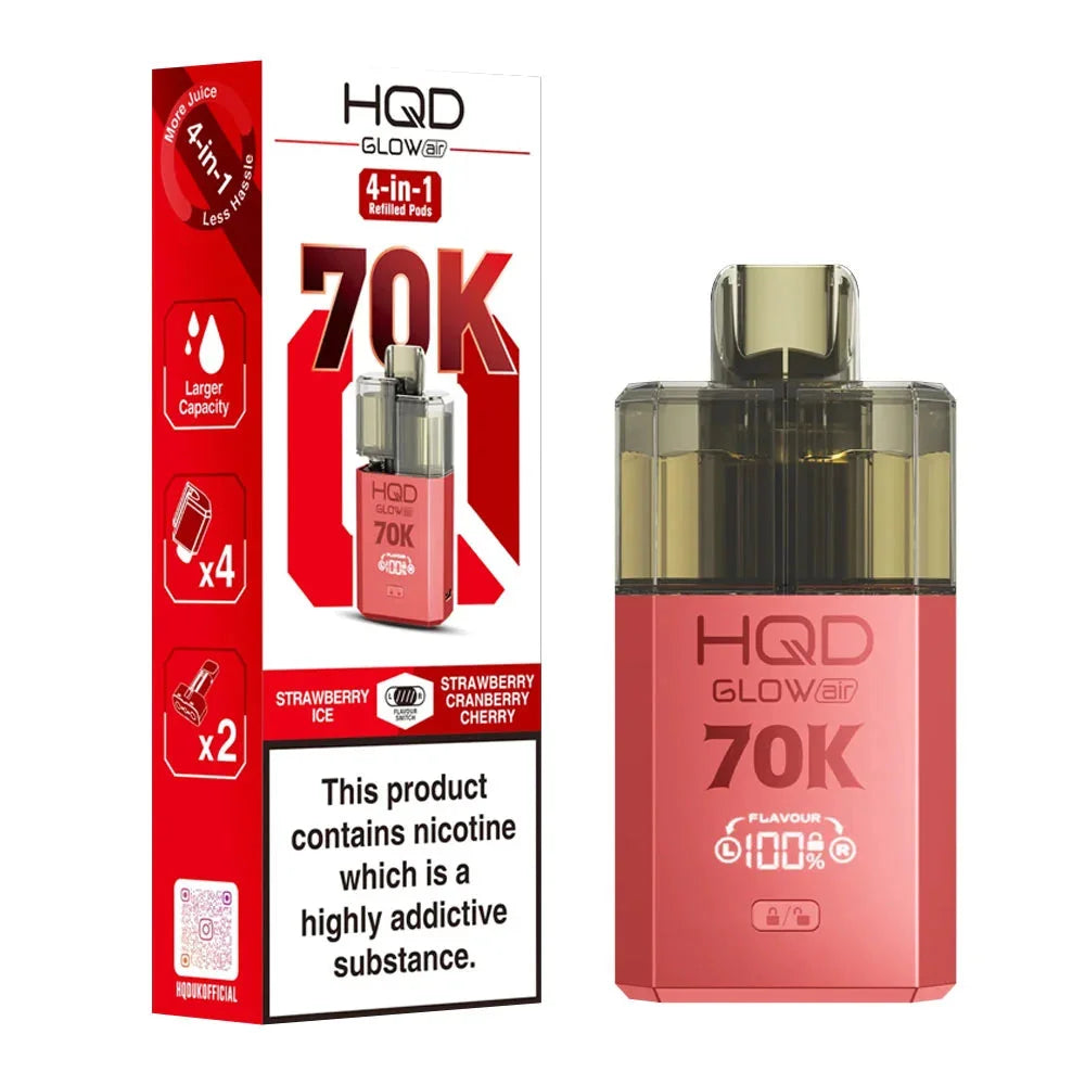 HQD Glow Air 70K 4-in-1 Rechargeable Prefilled Pod Kit in Strawberry Ice & Strawberry Cherry Cranberry – 20mg nicotine strength disposable-style vape with multiple flavors.
