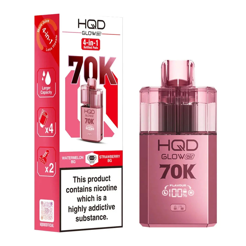 HQD Glow Air 70K 4-in-1 Rechargeable Prefilled Pod Kit in Watermelon BG & Strawberry BG – 20mg nicotine strength disposable-style vape with multiple flavors.
