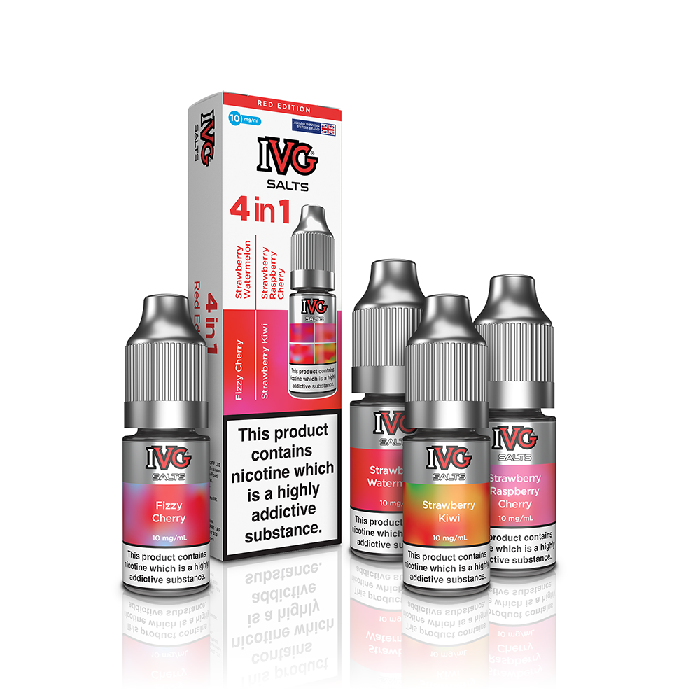 IVG Salt 4‑in‑1 Nic Salts – Red Edition: a trio of nicotine salt e‑liquids packaged in a vibrant red design, offering four bold fruit-infused flavours with smooth nicotine delivery.