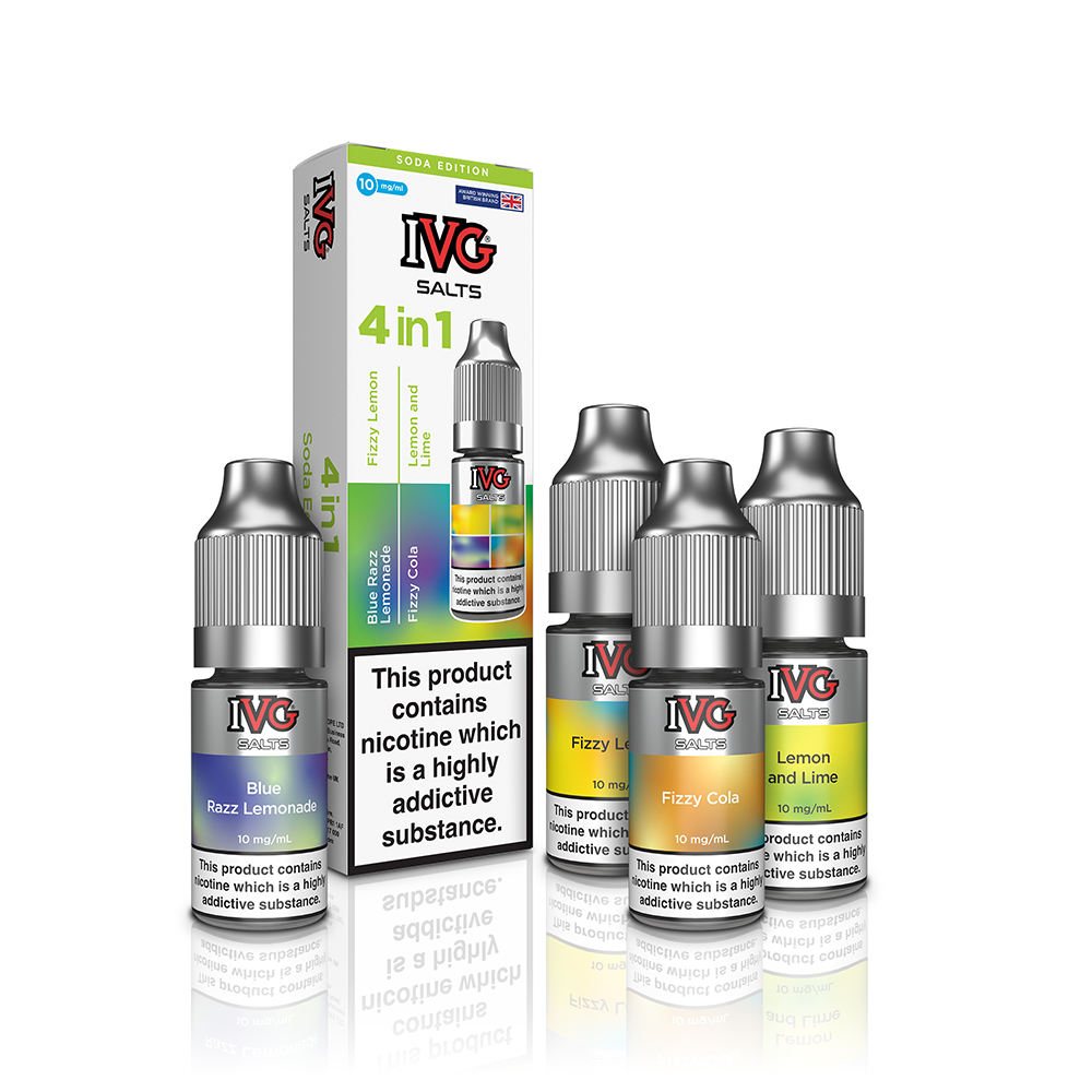 IVG Salt 4‑in‑1 Nic Salts – Soda Edition: a trio of nicotine salt e‑liquids packaged, offering four bold fruit-infused flavours with smooth nicotine delivery.
