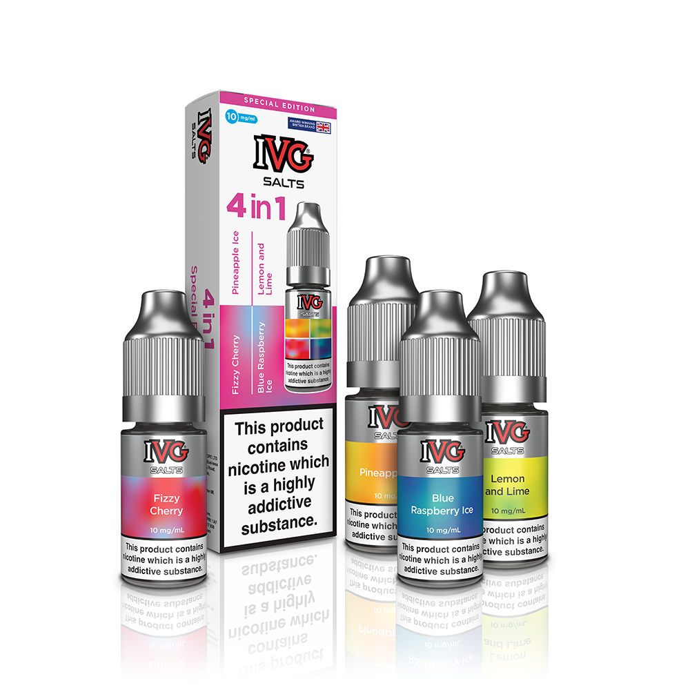 IVG Salt 4‑in‑1 Nic Salts – Special Edition: a trio of nicotine salt e‑liquids packaged, offering four bold fruit-infused flavours with smooth nicotine delivery.