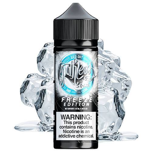 A 100ml bottle of Ruthless brand vape juice with a label indicating it is a 'Freeze Edition' with an icy visual design, including ice cubes and a cool tone color scheme.