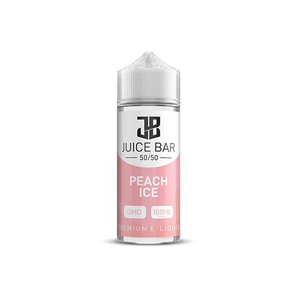 100ml shortfill bottle of Juice Bar 50/50 E-Liquid in Peach Ice flavor, balanced 50VG/50PG blend for smooth flavor and satisfying throat hit, nicotine-free with room for nic shots.