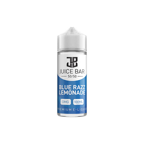 100ml shortfill bottle of Juice Bar 50/50 E-Liquid in Blue Razz Lemonade flavor, balanced 50VG/50PG blend for smooth flavor and satisfying throat hit, nicotine-free with room for nic shots.