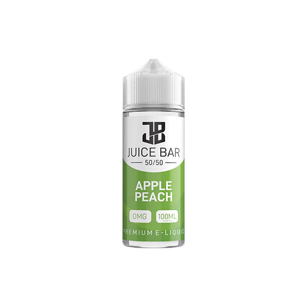 100ml shortfill bottle of Juice Bar 50/50 E-Liquid in Apple Peach flavor, balanced 50VG/50PG blend for smooth flavor and satisfying throat hit, nicotine-free with room for nic shots.