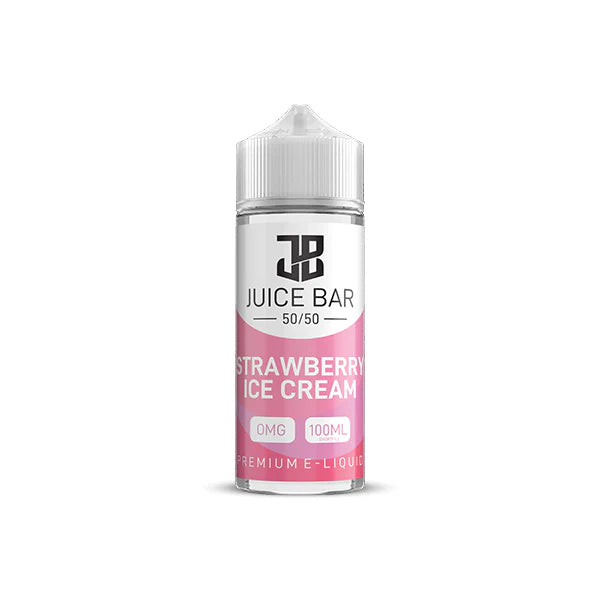 100ml shortfill bottle of Juice Bar 50/50 E-Liquid in Strawberry Ice-Cream flavor, balanced 50VG/50PG blend for smooth flavor and satisfying throat hit, nicotine-free with room for nic shots.