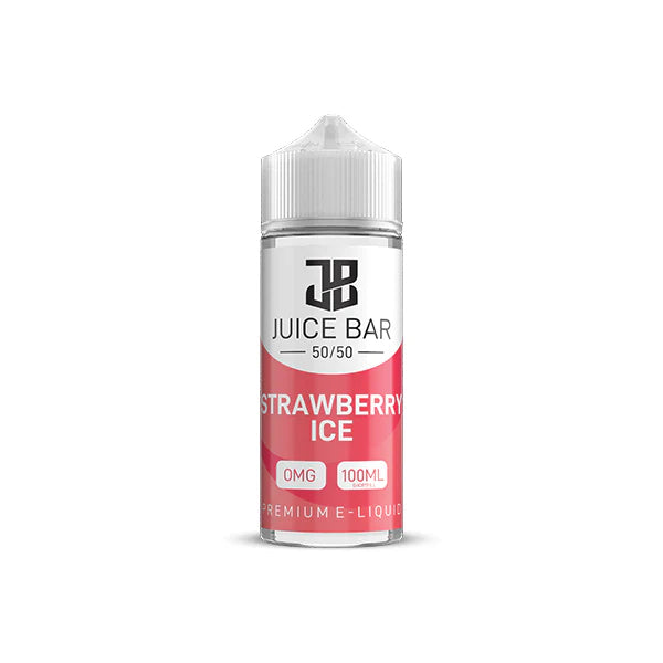 100ml shortfill bottle of Juice Bar 50/50 E-Liquid in Strawberry Ice flavor, balanced 50VG/50PG blend for smooth flavor and satisfying throat hit, nicotine-free with room for nic shots.