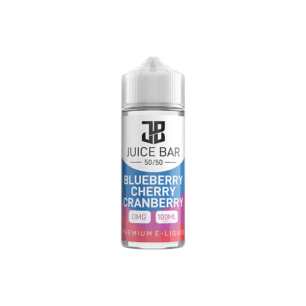 100ml shortfill bottle of Juice Bar 50/50 E-Liquid in Blueberry Cherry Cranberry flavor, balanced 50VG/50PG blend for smooth flavor and satisfying throat hit, nicotine-free with room for nic shots.