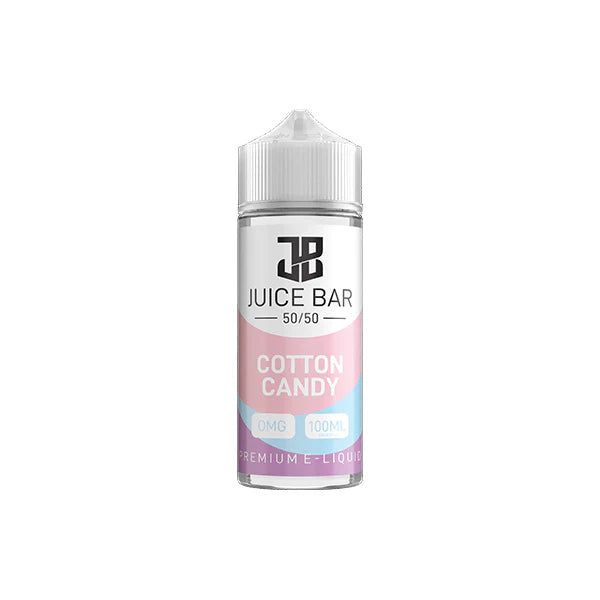 100ml shortfill bottle of Juice Bar 50/50 E-Liquid in Cotton Candy flavor, balanced 50VG/50PG blend for smooth flavor and satisfying throat hit, nicotine-free with room for nic shots.