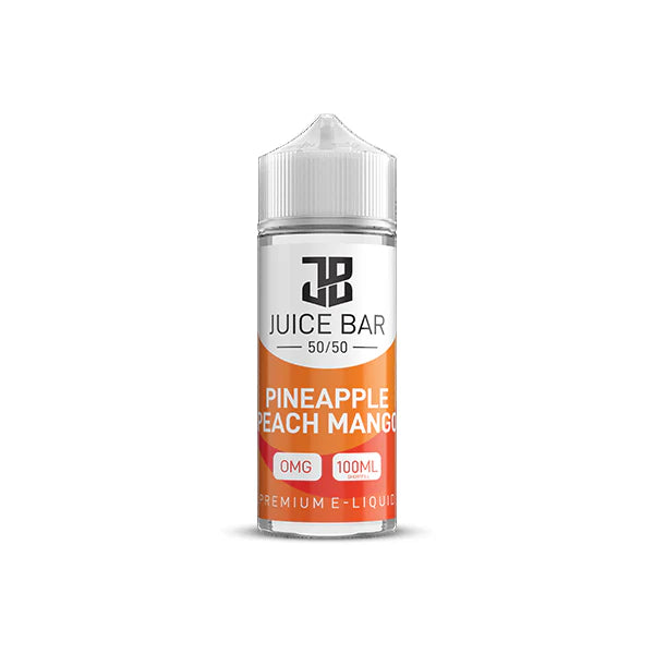 100ml shortfill bottle of Juice Bar 50/50 E-Liquid in Pineapple Peach Mango flavor, balanced 50VG/50PG blend for smooth flavor and satisfying throat hit, nicotine-free with room for nic shots.