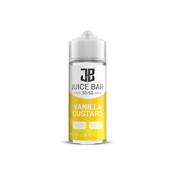 100ml shortfill bottle of Juice Bar 50/50 E-Liquid in Vanilla Custard flavor, balanced 50VG/50PG blend for smooth flavor and satisfying throat hit, nicotine-free with room for nic shots.