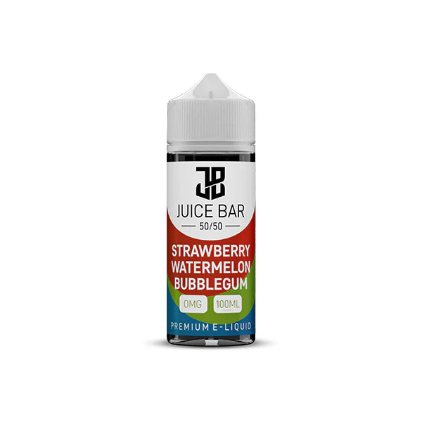 100ml shortfill bottle of Juice Bar 50/50 E-Liquid in Strawberry Watermelon Bubblegum flavor, balanced 50VG/50PG blend for smooth flavor and satisfying throat hit, nicotine-free with room for nic shots.