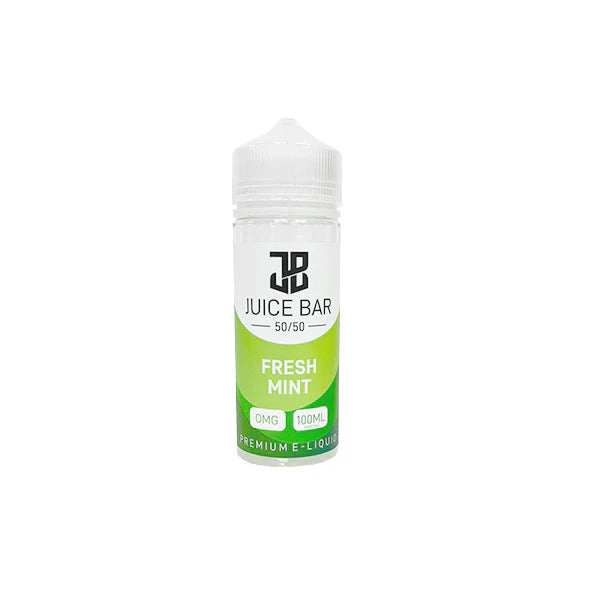 100ml shortfill bottle of Juice Bar 50/50 E-Liquid in Fresh Mint flavor, balanced 50VG/50PG blend for smooth flavor and satisfying throat hit, nicotine-free with room for nic shots.
