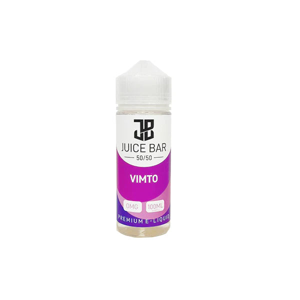 100ml shortfill bottle of Juice Bar 50/50 E-Liquid in Vimto flavor, balanced 50VG/50PG blend for smooth flavor and satisfying throat hit, nicotine-free with room for nic shots.
