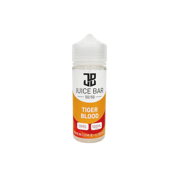 100ml shortfill bottle of Juice Bar 50/50 E-Liquid in Tiger Blood flavor, balanced 50VG/50PG blend for smooth flavor and satisfying throat hit, nicotine-free with room for nic shots.
