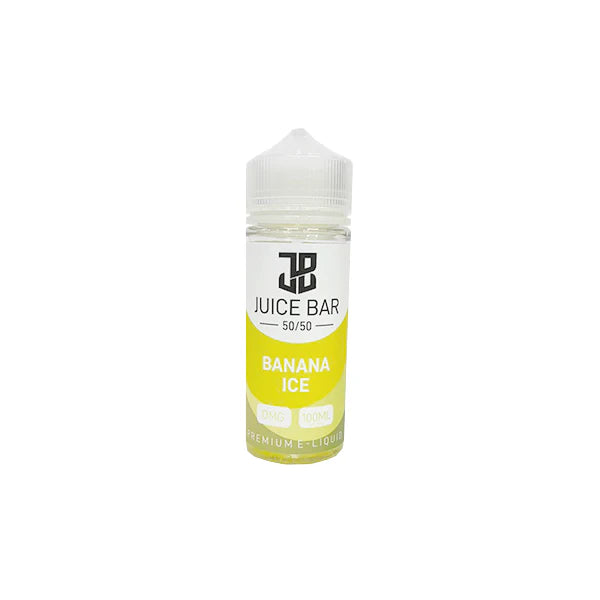 100ml shortfill bottle of Juice Bar 50/50 E-Liquid in Banana Ice flavor, balanced 50VG/50PG blend for smooth flavor and satisfying throat hit, nicotine-free with room for nic shots.