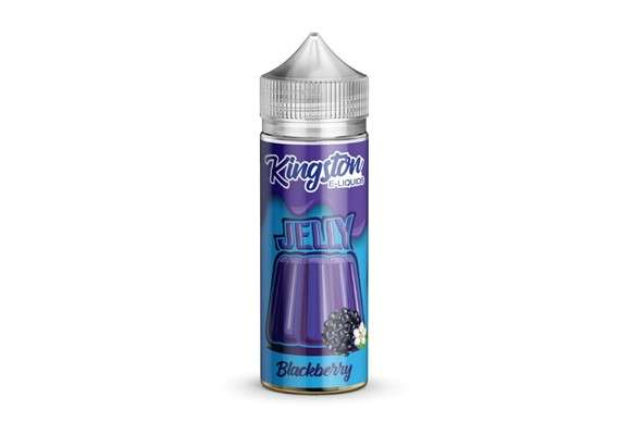 A 100ml bottle of Kingston Jelly - Blackberry e-liquid with a child-safe cap, labeled nicotine-free.