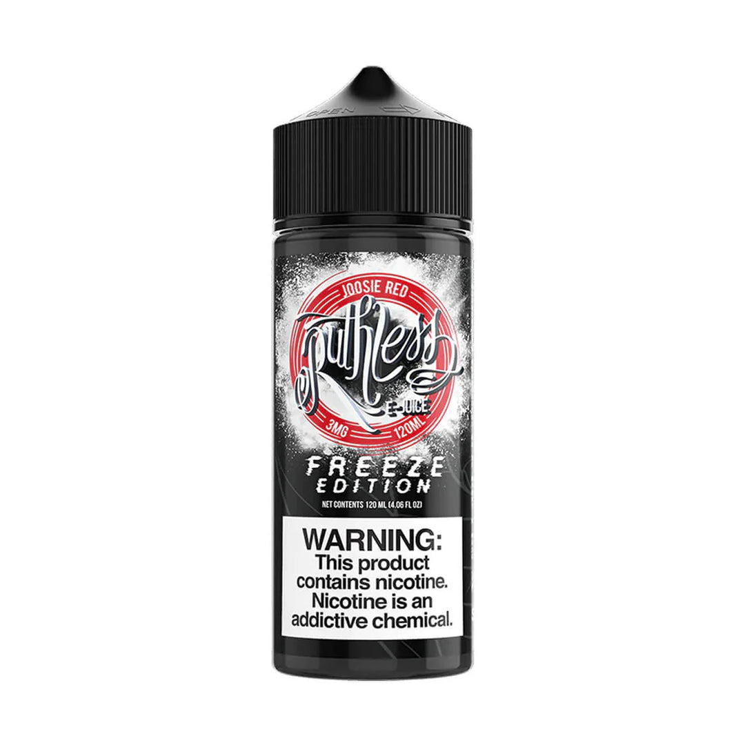 A 100ml bottle of Josie Red Flavour E-Liquid, labeled 'Freeze Edition' with warning labels indicating nicotine content and other product information.