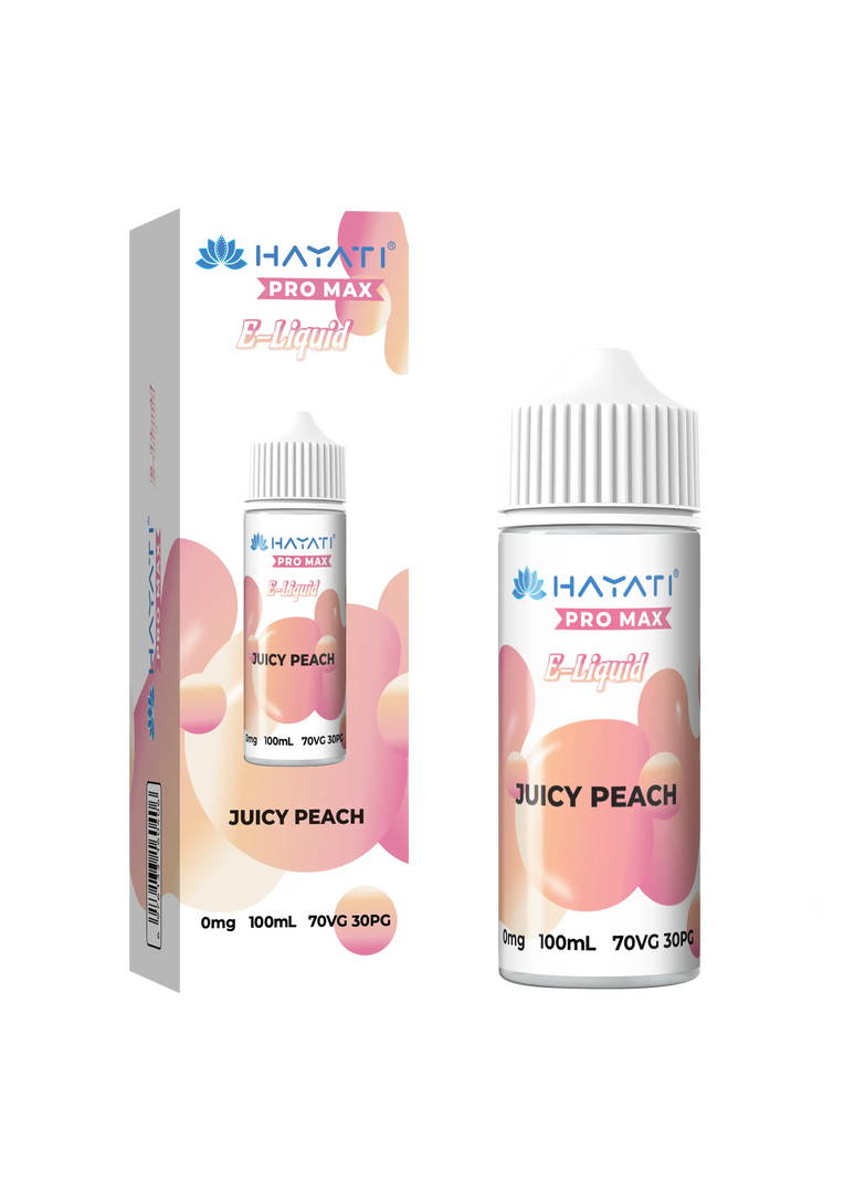 Juicy Peach Hayati Pro Max E-Liquid 100ml – no nicotine vape juice with rich flavor and smooth 70/30 VG PG blend