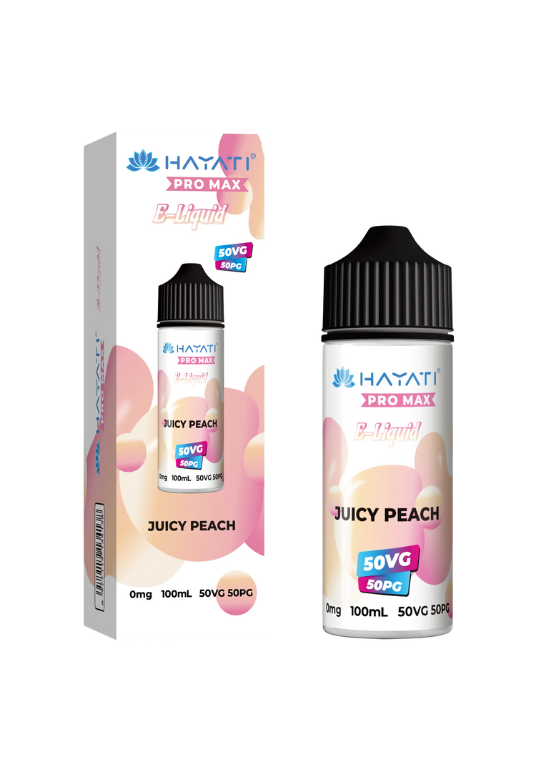 Juicy Peach Hayati Pro Max E-Liquid 100ml – no nicotine vape juice with rich flavor and smooth 50/50 VG PG blend