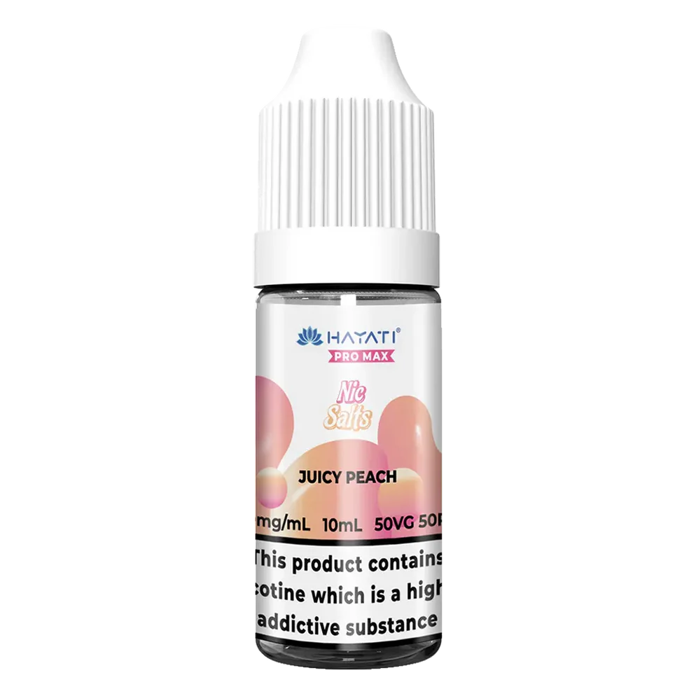 Bottle of Juicy Peach from Hayati Pro Max Nic Salts featuring bold Hayati branding and flavour name prominently displayed—designed for mouth‑to‑lung nicotine salt vape devices.