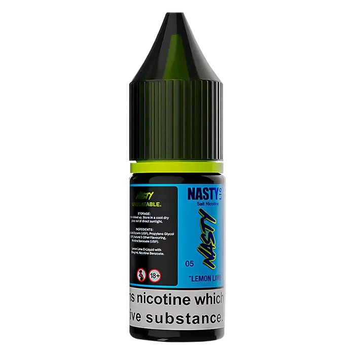 A 30ml bottle of Nasty Liq Lemon Lime Nic Salt Vape Juice with vibrant green and yellow citrus-themed packaging, showcasing the brand logo and flavor name, designed for nicotine salt vaping devices.