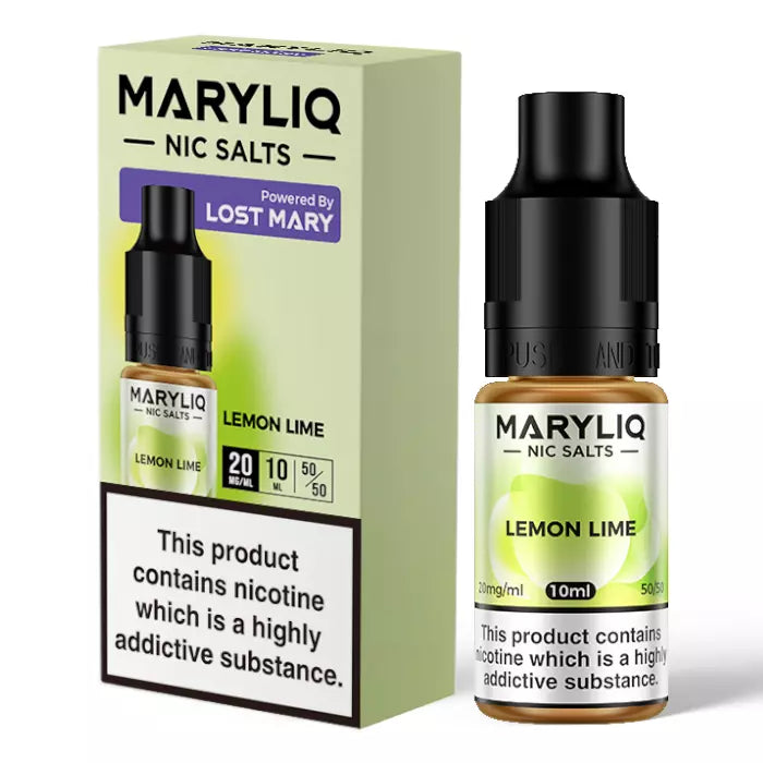 Packaging and bottle of Lemon Lime MARYLIQ Nic Salt E-Liquid with product information visible.