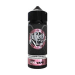 Load image into Gallery viewer, A 100ml bottle of Lush Ruthless e-liquid with a black label and pink accents, indicating a nicotine-free mix and available in various flavors.